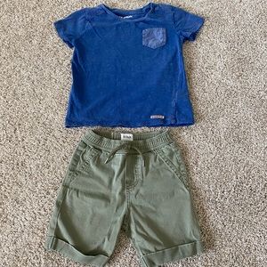 Hudson toddler boy blue short sleeve shirt and green shorts outfit size 4T